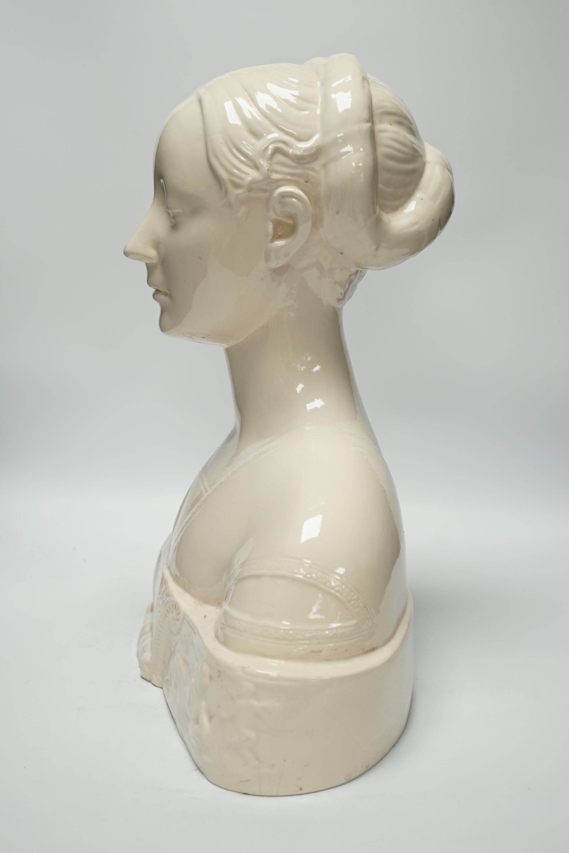After Francesco Laurana (1430-1502) tin glazed terracotta bust of Battista Sforza, Duchess of Urbino, 44cm high